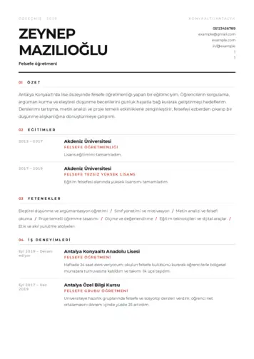 Felsefe Öğretmeni CV Örnekleri cv indir